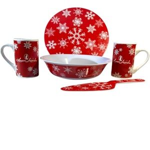 Laura Secord Mugs, Christmas Snowflake Dinnerware Set, Red and White.
